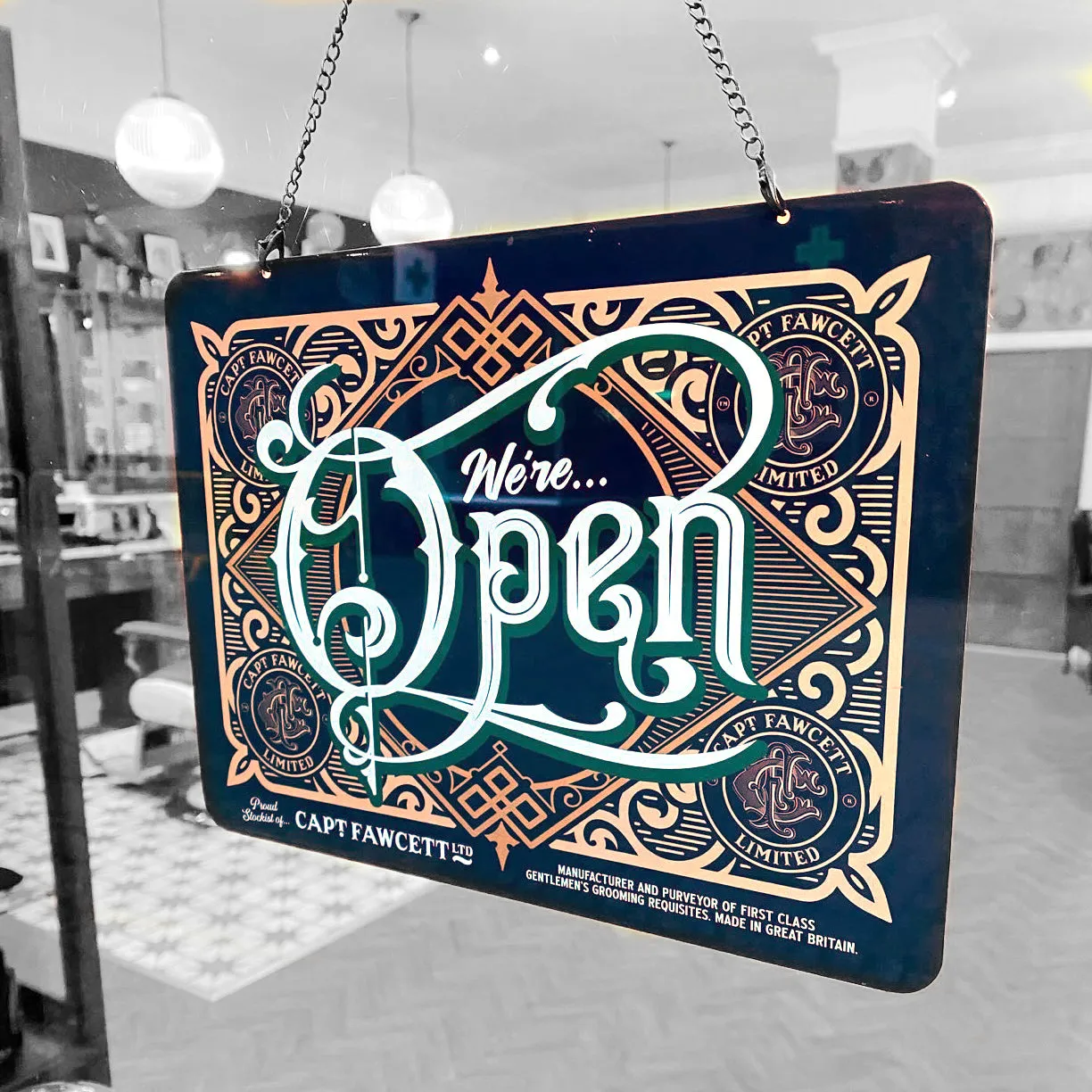 Captain Fawcett Open Closed Schild Alu Kette